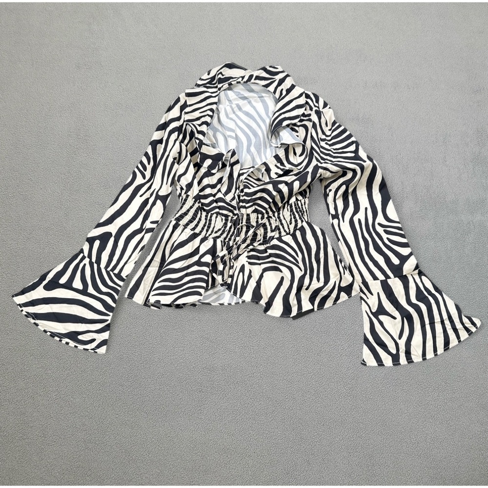 S.DEER Blouse Top Womens M Zebra Print Bell Sleeve Smocked Waist Peplum NWT